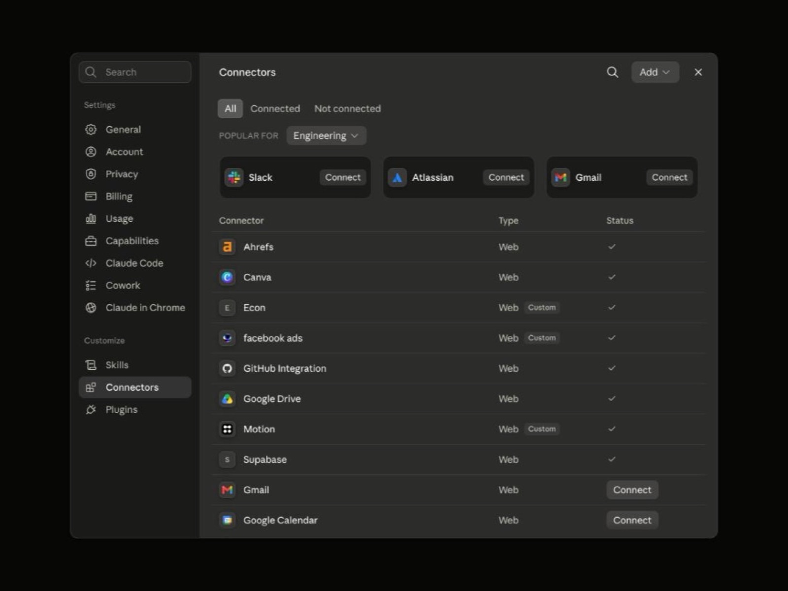 หน้ารวม Connectors ใน Claude แสดงรายการที่เชื่อมต่ออยู่ รวมถึง Econ ที่มีป้าย Custom