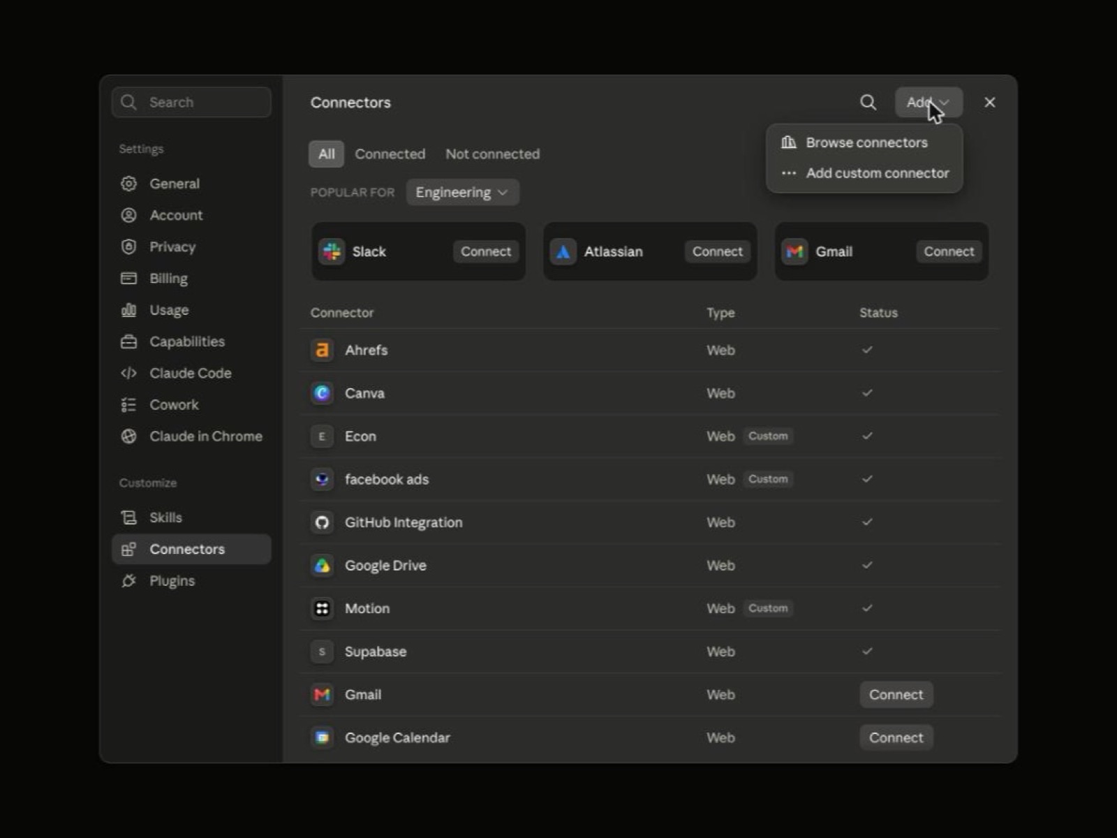 เมนูที่ตกลงมาจากปุ่ม Add มีสองตัวเลือกคือ Browse connectors และ Add custom connector