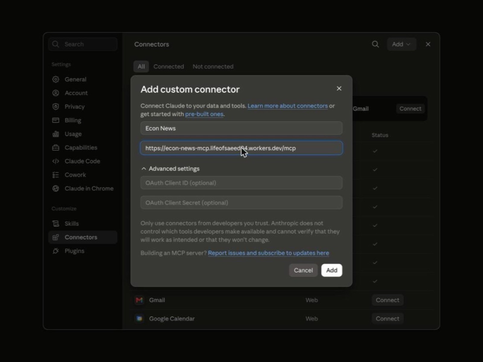 หน้าต่าง Add custom connector ที่กรอกชื่อและ URL ครบแล้ว