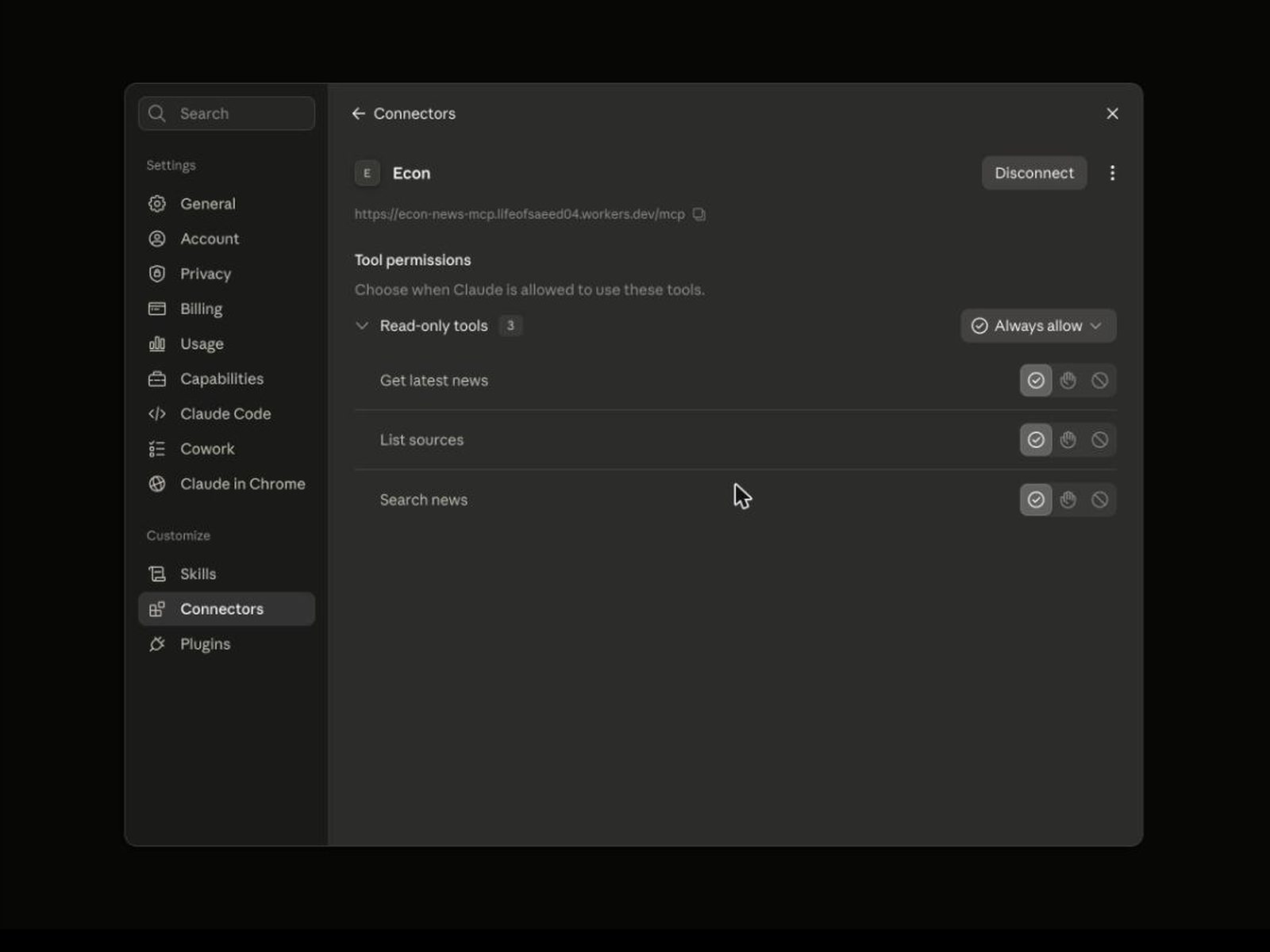 หน้า Tool permissions ที่ตั้งค่า Read-only tools เป็น Always allow แล้ว