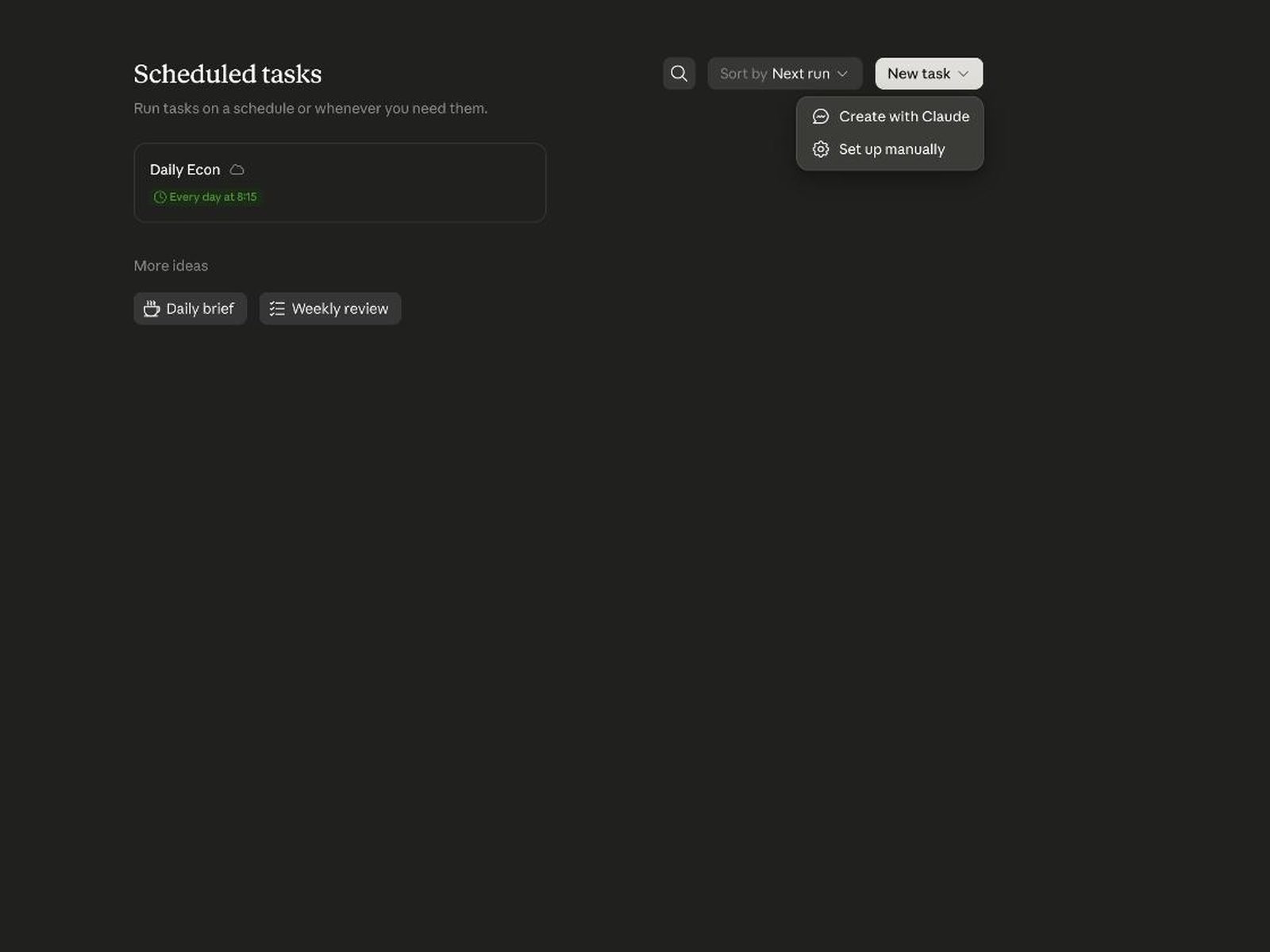 เมนู New task มีสองตัวเลือกคือ Create with Claude และ Set up manually